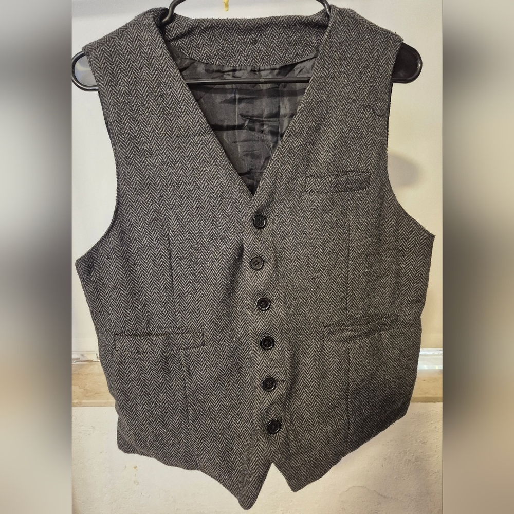 Gray Herringbone Button-Up Vest